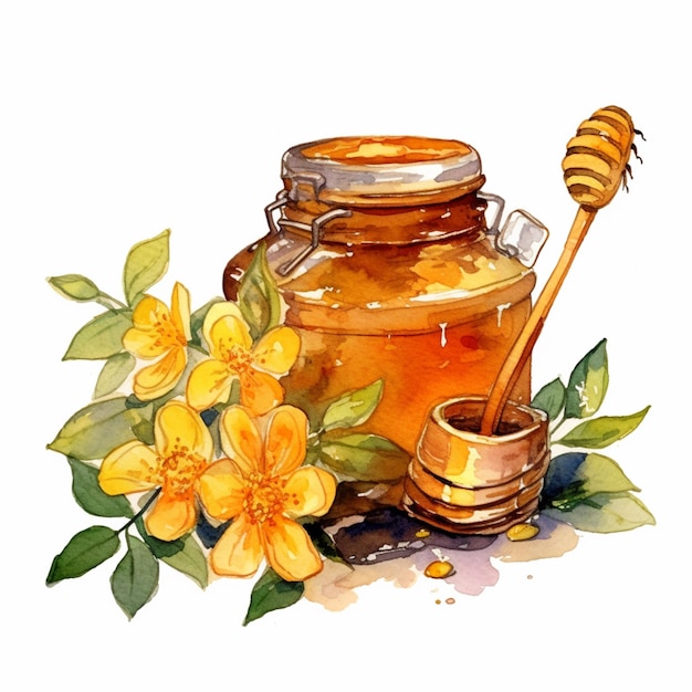 Photo there is a jar of honey and a wooden spoon with flowers generative ai