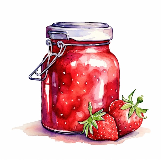 There is a jar of jam with strawberries on the side generative ai