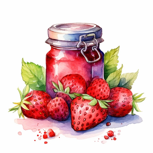 There is a jar of jam with strawberries on the table generative ai