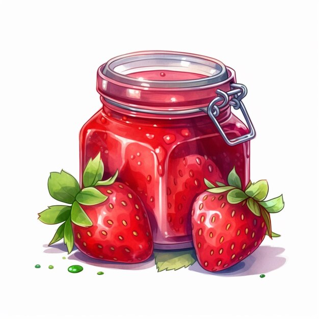 There is a jar of jam with two strawberries on the side generative ai