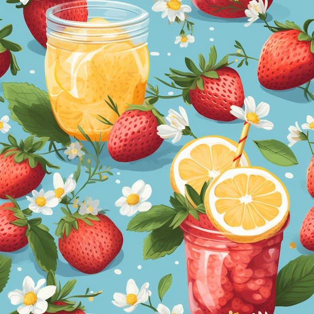 there is a jar of lemonade and strawberries with a straw and a slice of lemon generative ai