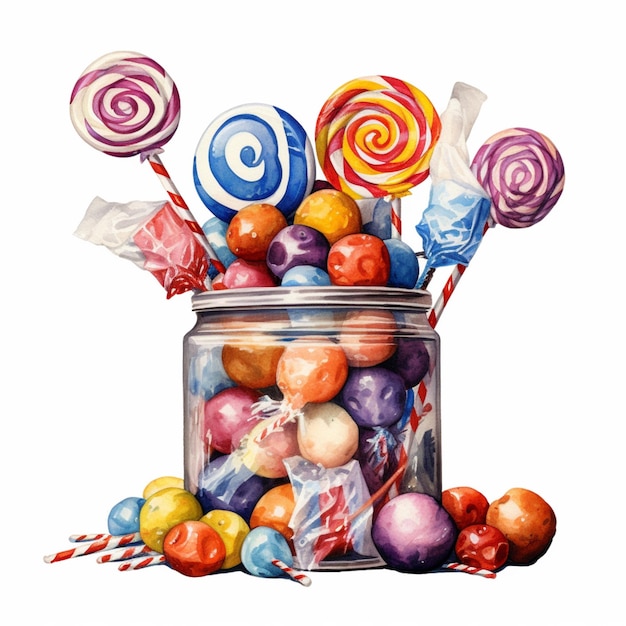 there is a jar of lollipops and candy on the table generative ai