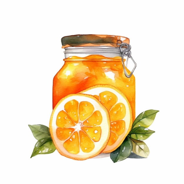 there is a jar of oranges with a slice of orange on it generative ai