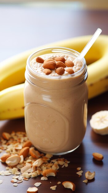 Foto c'è un barattolo di frullato con noci e banane sul tavolo generativo ai