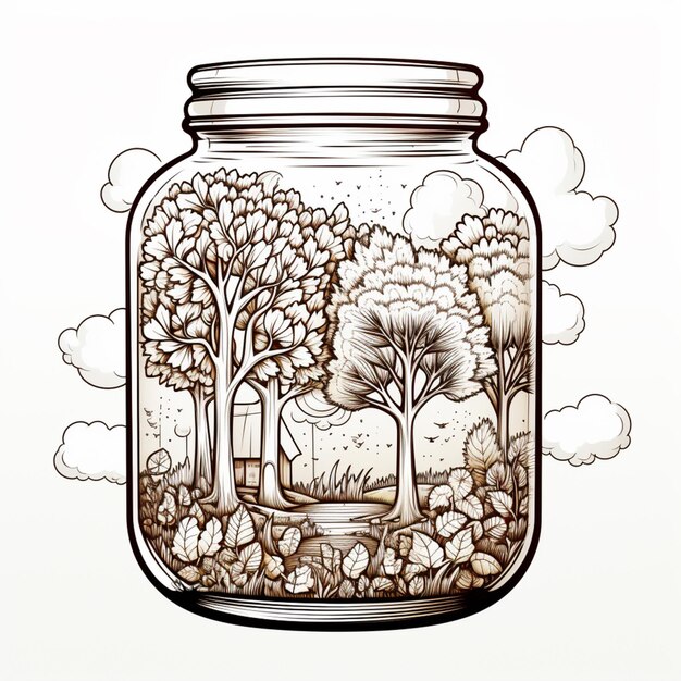 there is a jar with a drawing of a forest inside of it generative ai