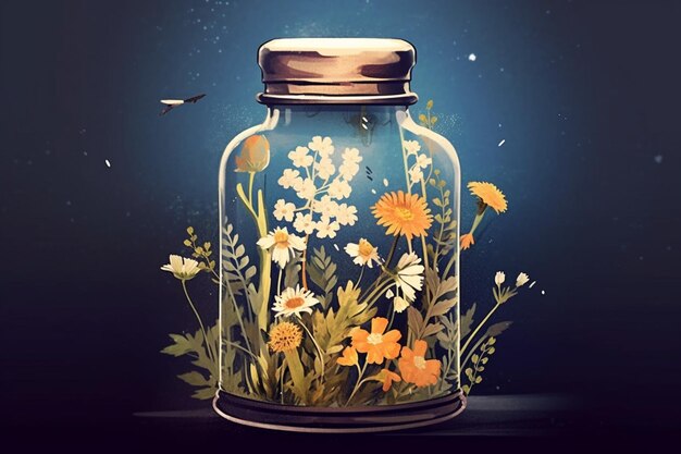 there is a jar with flowers inside of it on a table generative ai