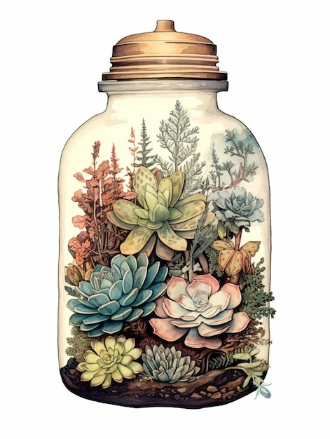 there is a jar with a lot of succulents inside of it generative ai