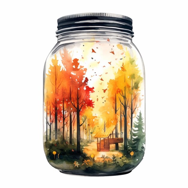 There is a jar with a painting of a forest inside of it generative ai