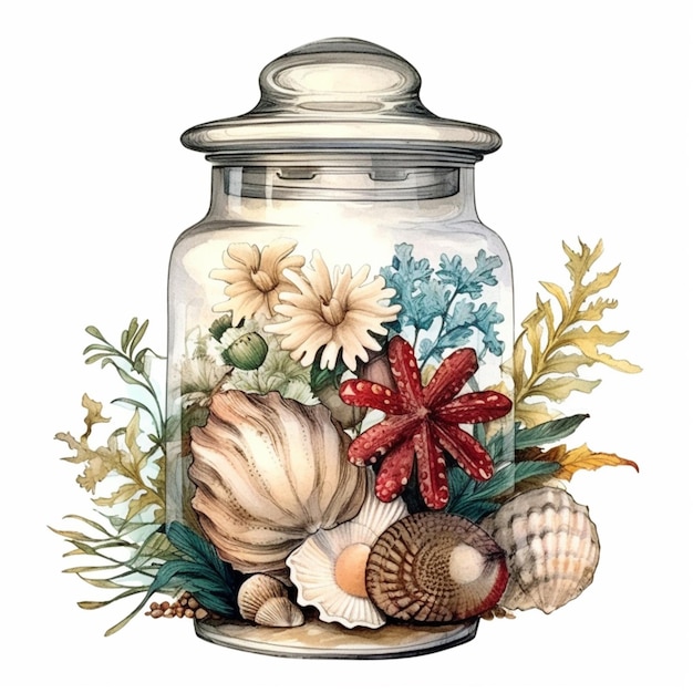 There is a jar with shells and flowers inside of it generative ai