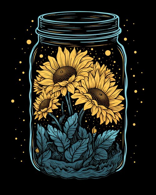 Photo there is a jar with sunflowers in it on a black background generative ai