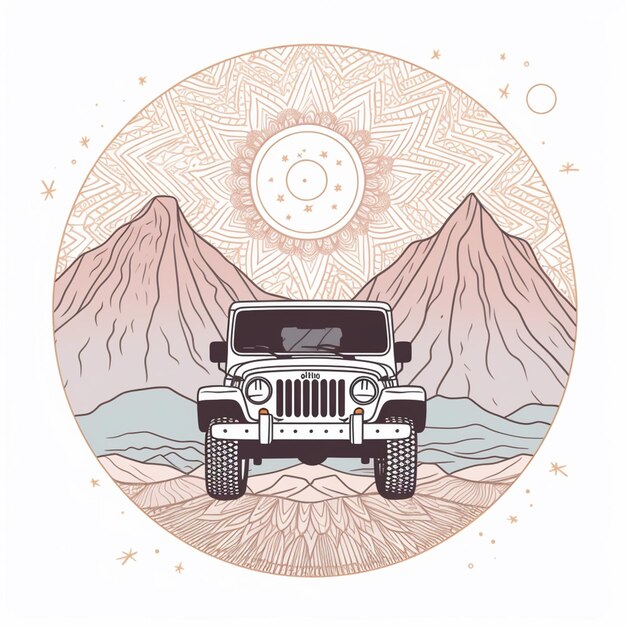 there is a jeep driving through a desert with mountains in the background generative ai