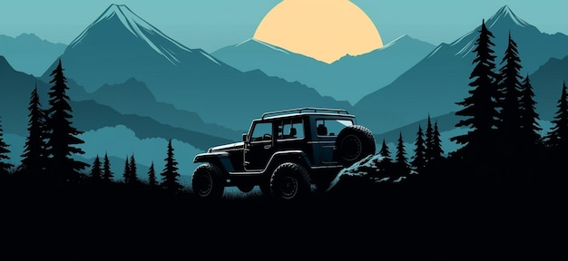 there is a jeep driving through the mountains with a sun in the background generative ai