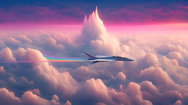 There is a jet flying through the sky with a rainbow trail generative ai