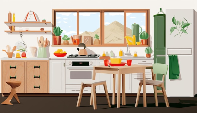 Photo there is a kitchen with a table generative ai