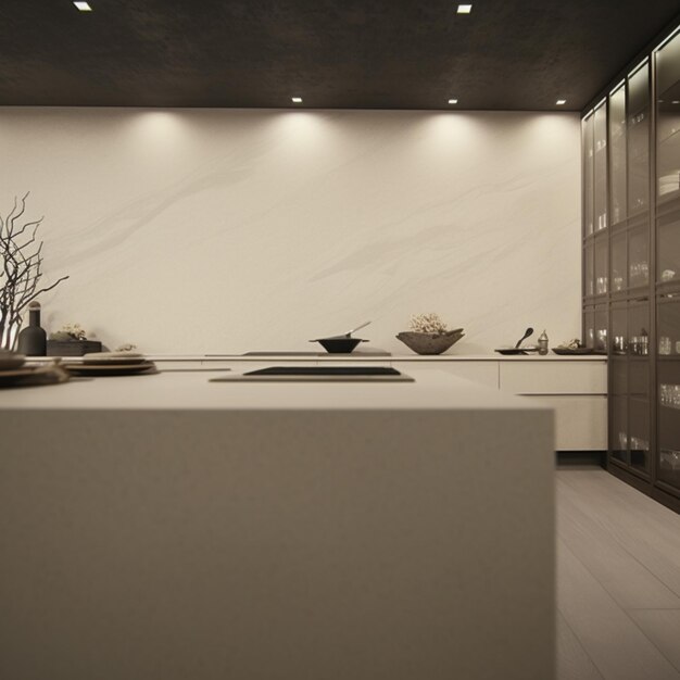 there is a kitchen with a white counter and a white wall generative ai