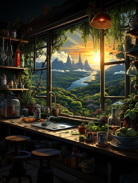 there is a kitchen with a window and a view of the mountains generative ai