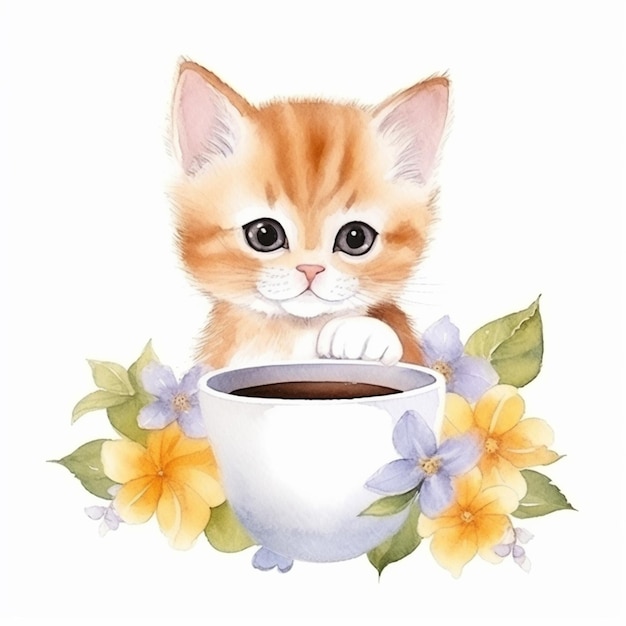 한 잔의 커피 생성 AI에 앉아있는 새끼 고양이가 있습니다.