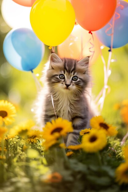 There is a kitten that is standing in the grass with balloons generative ai