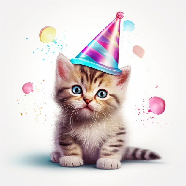 There is a kitten wearing a party hat and balloons generative ai