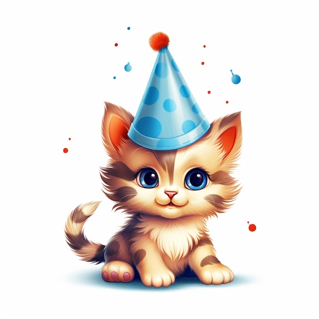 There is a kitten wearing a party hat and sitting down generative ai