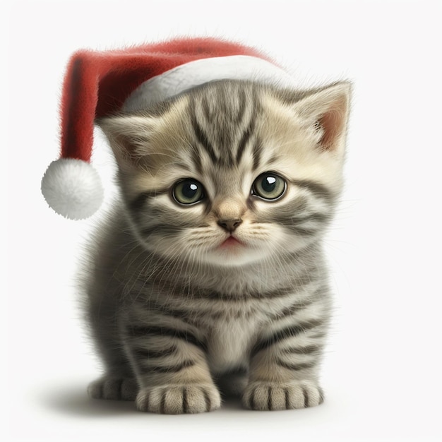 There is a kitten wearing a santa hat on a white background generative ai