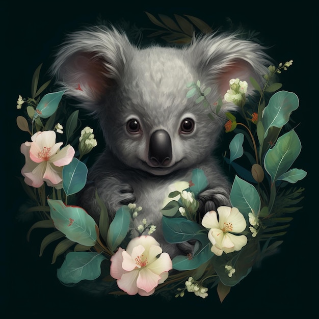 there is a koala bear that is sitting in a wreath of flowers generative ai