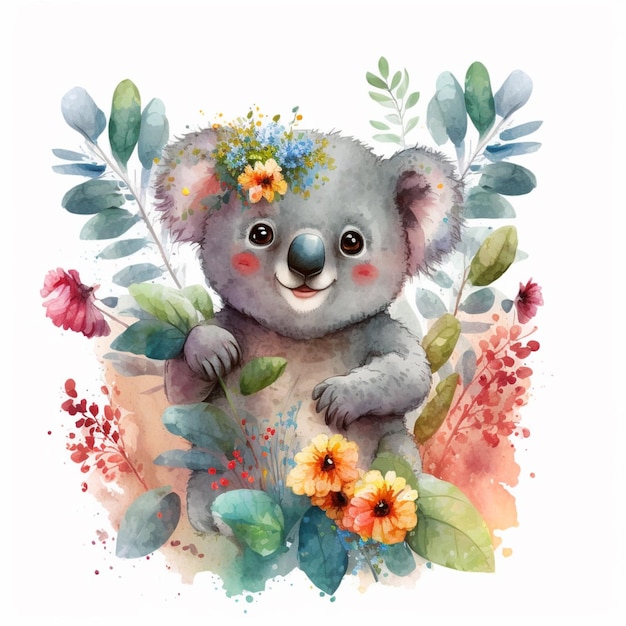 There is a koala bear with flowers on its head generative ai