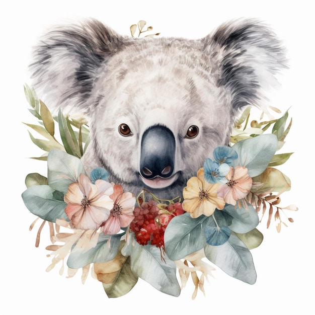 There is a koala with flowers and leaves on it generative ai