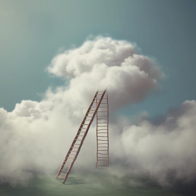 Photo there is a ladder that is standing in the clouds generative ai