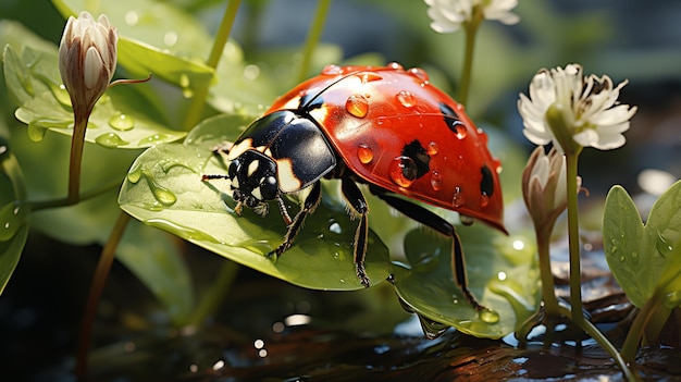 there is a ladybug that is sitting on a leaf generative ai