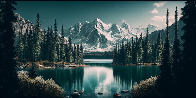 There is a lake with a mountain in the background generative ai