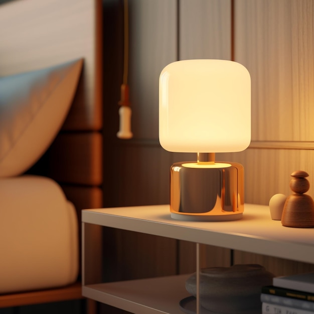 There is a lamp that is on a table next to a bed generative ai