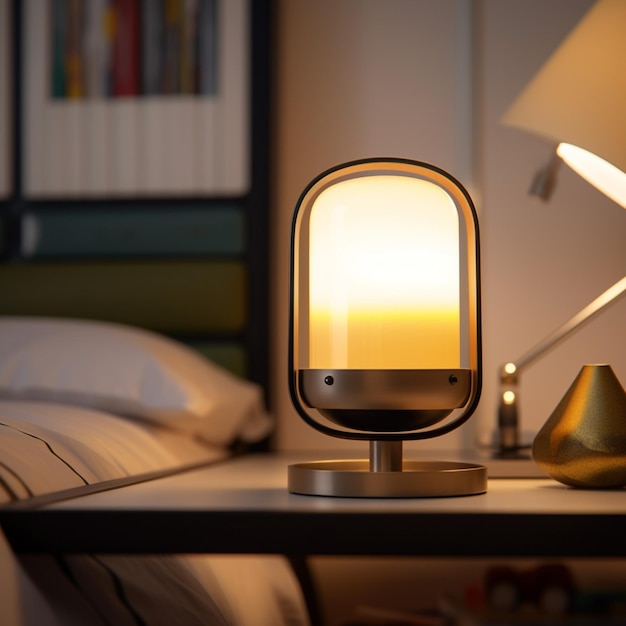 Photo there is a lamp that is on a table next to a bed generative ai