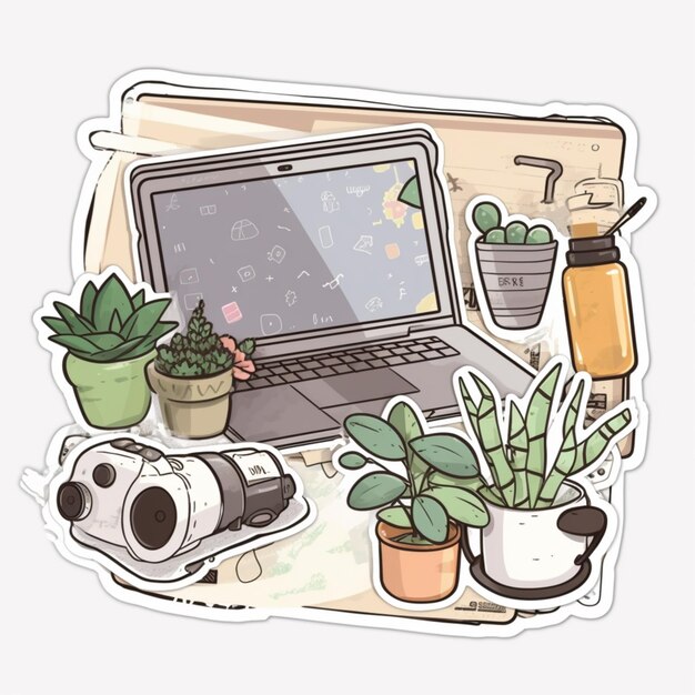 Photo there is a laptop and a camera on a desk with plants generative ai