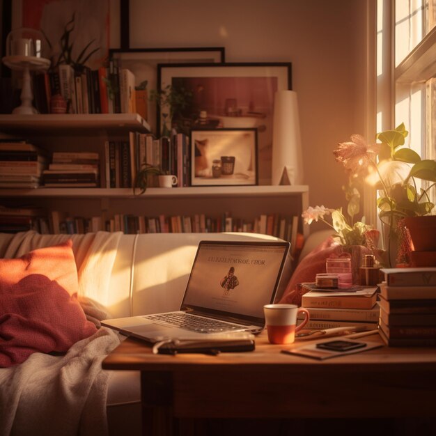 There is a laptop computer sitting on a table in front of a window generative ai