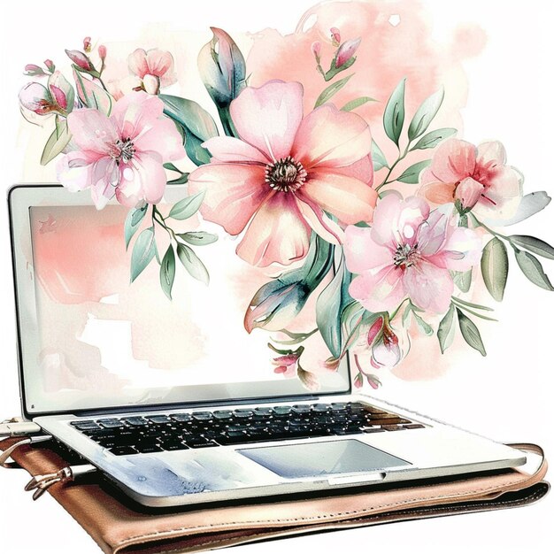 Foto c'è un computer portatile con un disegno di fiori sullo schermo generativo ai