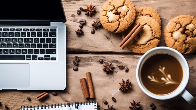 there is a laptop and a cup of coffee on a table generative ai