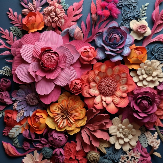 There is a large amount of paper flowers on a blue surface generative ai