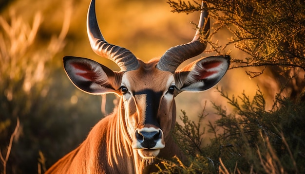 There is a large antelope with long horns standing in the grass generative ai