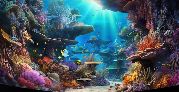 Здесь большой аквариум с множеством различных рыб и кораллов.