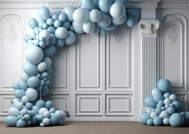 There is a large arch made of balloons in a room generative ai