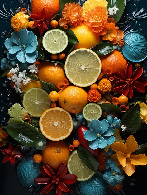 there is a large arrangement of fruit and flowers on a table generative ai