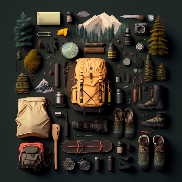 Photo there is a large assortment of items that include hiking gear generative ai