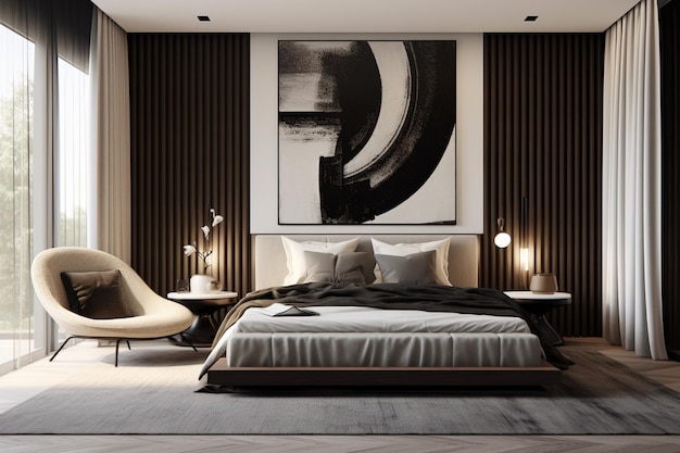 벽 생성 인공 지능에 의자와 그림이 있는 침실에 큰 침대가 있습니다.
