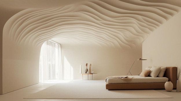 there is a large bed in a room with a curved ceiling generative ai