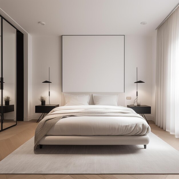 Photo there is a large bed in a white room with a large picture on the wall generative ai