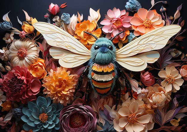 There is a large bee with many flowers on it generative ai