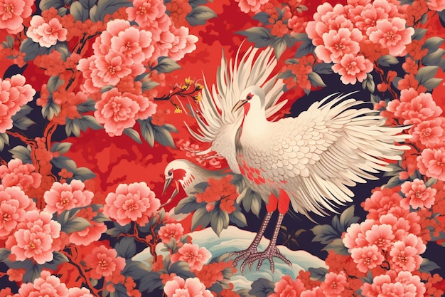 there is a large bird standing on a rock surrounded by flowers generative ai