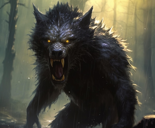 大きな黒い狼が森の中を歩いている