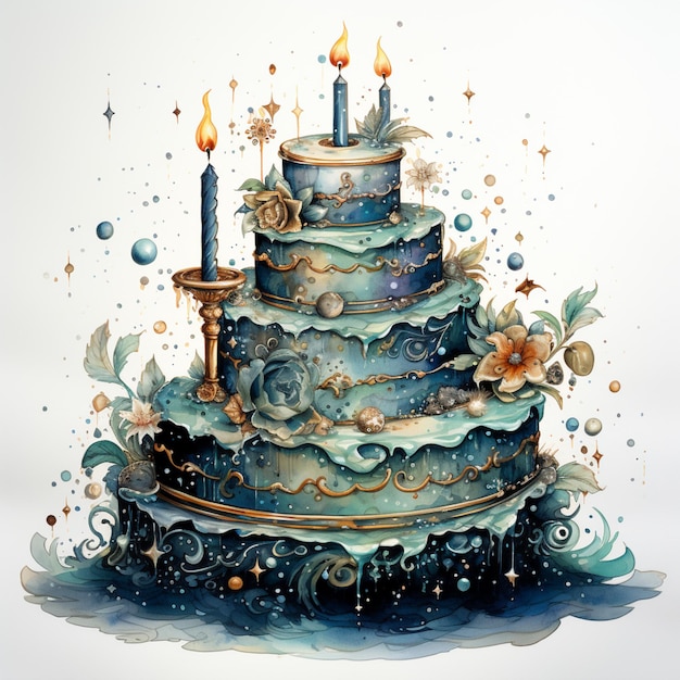 there is a large blue cake with candles on top of it generative ai